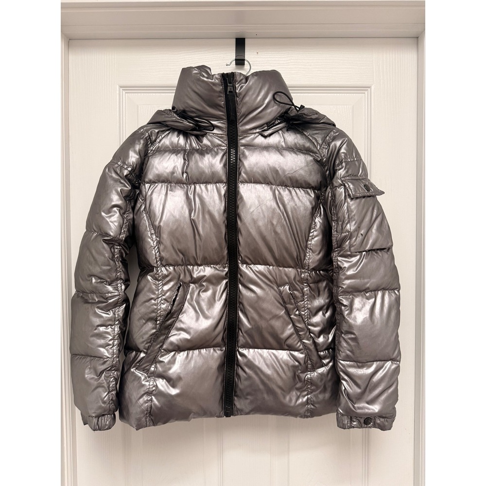 S13 New York Metallic Silver Puffer Jacket Women XS Hooded Quilted Coat
